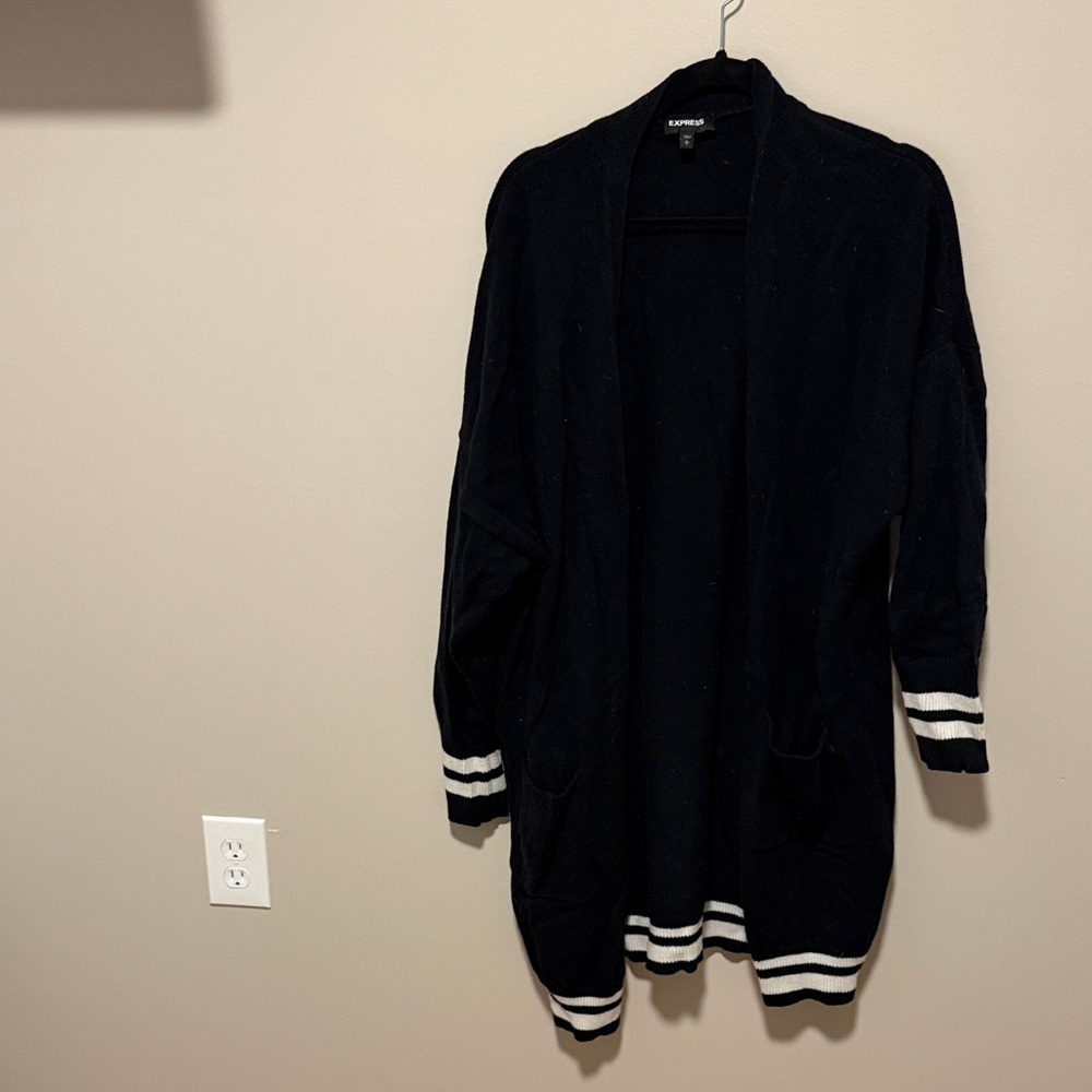 Express Black Cardigan with White Stripe Accents